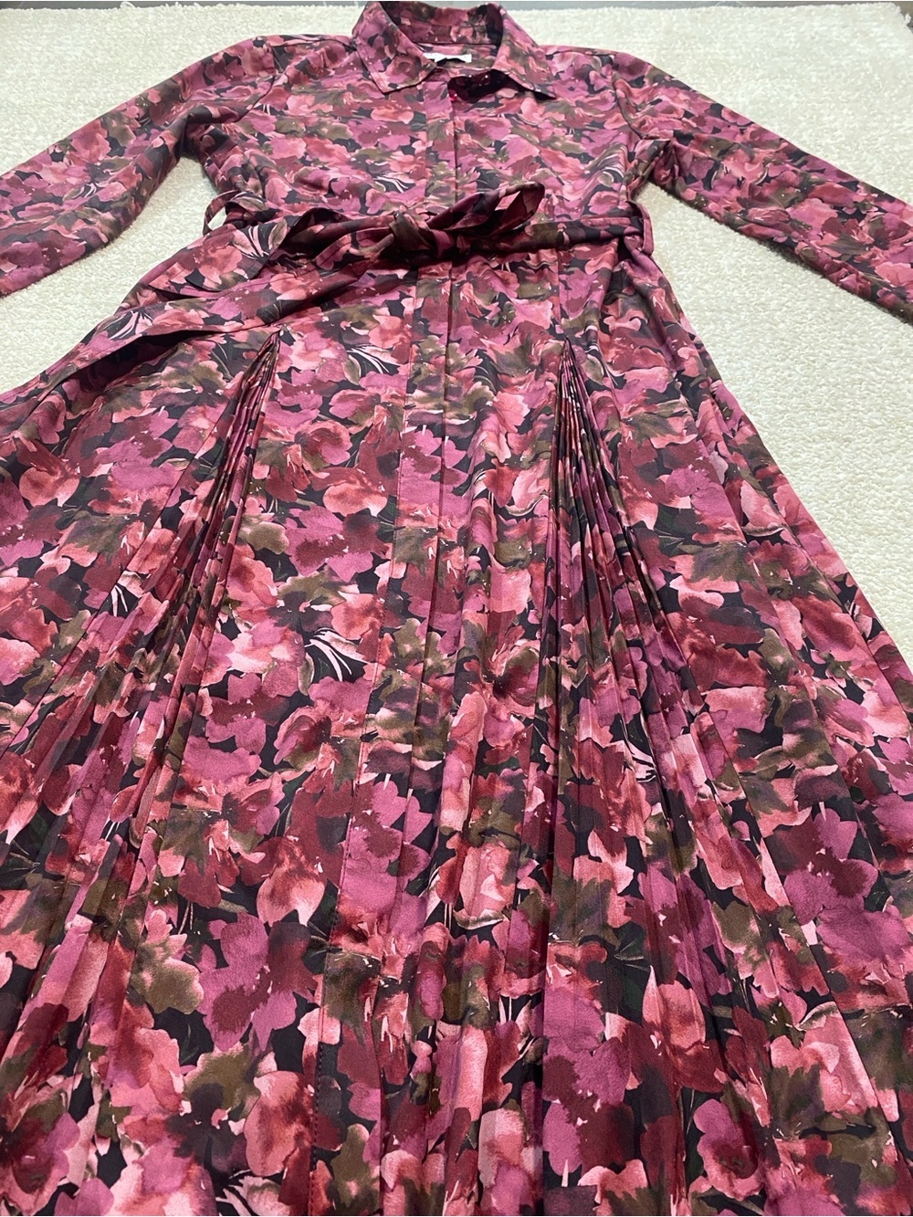 10 Crosby Derek Lam Maroon and Pink Floral Long-Sleeve Pleated Dress Size 4 - Picture 16 of 16